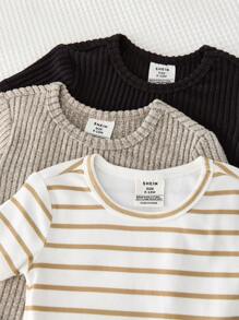 SHEIN Leap Crew 6 Pieces Baby Boys Simple Striped Pattern Round Neck Short Sleeve Shirt And Shorts Soft Comfy Pajamas Set - Multicolor - View 4