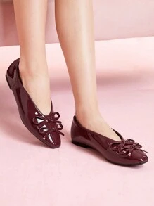 CUCCOO DOLLMOD WOMEN FLAT SMALL SQUARE TOE BOWKNOT DECOR MIRROR BURGUNDY VINTAGE STYLE MARY JANE SHOES Valentines - Burgundy - View 3