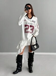 Coolane 女子比赛日运动休闲数字图案长袖 T 恤 - 白色 - 查看 2