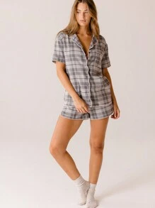 Aralina Cozy Classic Plaid Flannel Short-Sleeve Scallop Short Set With Scrunchie - Multicolor - View 1