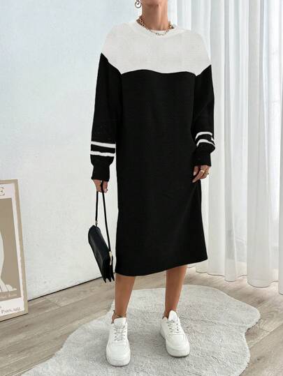 SHEIN Women Solid Color Patchwork Round Neck Long Sleeve Casual Dress