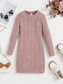 2 Stücke Tween Mädchen Gestrickt Einfarbig Rundhalsausschnitt Tailliertes Casual Langarm Kleid