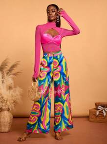 Abeille Creations Designer Boho Bohemian Women's Hot Pink Stand Collar Hollow See-Through Mesh Corset Sexy Short Party Top, For Holiday, Vacation, Spring & Summer, Going Out, Festival, Ibiza Fits