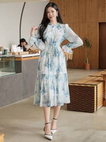 DAZY Vestido de manga abullonada de longitud media con estampado floral elegante de gasa para mujeres, vestido de primavera y otoño de manga larga