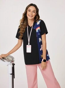 TaskEZ Solid Color Splicing V-Neck Short Sleeve Casual Scrub Uniform Top Nurse Dresses Scrub Tops Scrub Bottoms Lab Coats Scrub Outwear Running Nurse & Uniform Scrubs Handwashing Pocketed Breathable