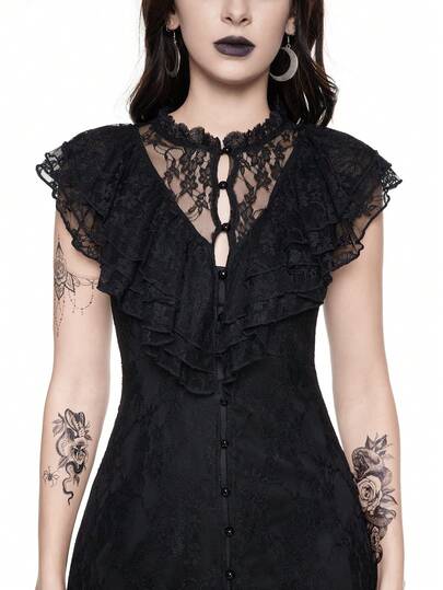 Goth Women's Lace Splice Sleeveless Simple Fitted Dress