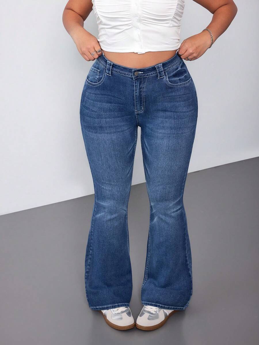 SHEIN EZwear Quần Jeans Denim Thường Ngày Cỡ Lớn, Tối Giản Và Thời Trang Cho Mặc Hàng Ngày - Rửa trung bình - Xem 1