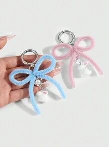 ROMWE Kawaii 2pcs Ins Style Cute & Delicate Fashion Highly Attractive Pink + Blue Flocked Twist Bow Bunny Pendant Keychain & Keyring, Combo Set Suitable For Sisters, BFFs, Couples, Friends, Daily Wear, Holiday Gift