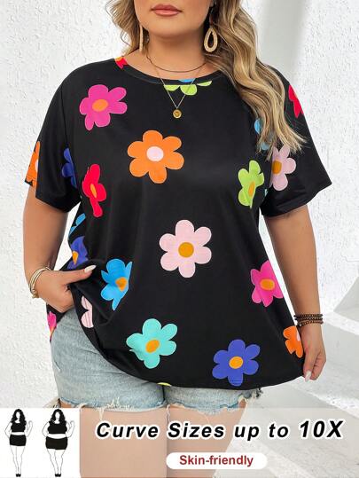 SHEIN CURVE+ Curve Plus Size Women's Casual Floral Print Crew Neck Pullover T-Shirt, Suitable For Valentine's Day, For Summer