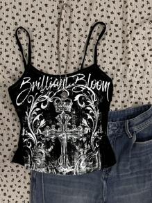 Attitoon Camiseta de tirantes ajustada y sexy con estampado de cruz gótica para mujer