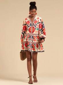 Travachic Printed Loose Smock Dress, Long Sleeve,Mexican Women Dresses,Vacation Casual Dress,Summer Dresses For Women