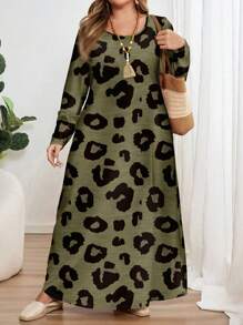 EMERY ROSE Plus Size Leopard Print Long Sleeve Maxi Dress: Casual Loose Fit For Women