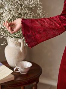 女孩和青少年女孩酒红色植绒蕾丝边长袖长睡袍睡衣 - 酒紅色 - 查看 7