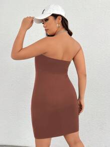 SHEIN EZwear 大码纯色修身简约抹胸连衣裙，休闲日常穿着 - 咖啡棕 - 查看 2