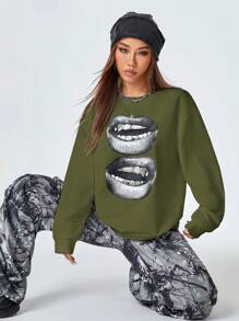 SHEIN EZwear 女式 Y2K 街头休闲图案宽松套头衫 - 軍綠色 - 查看 6
