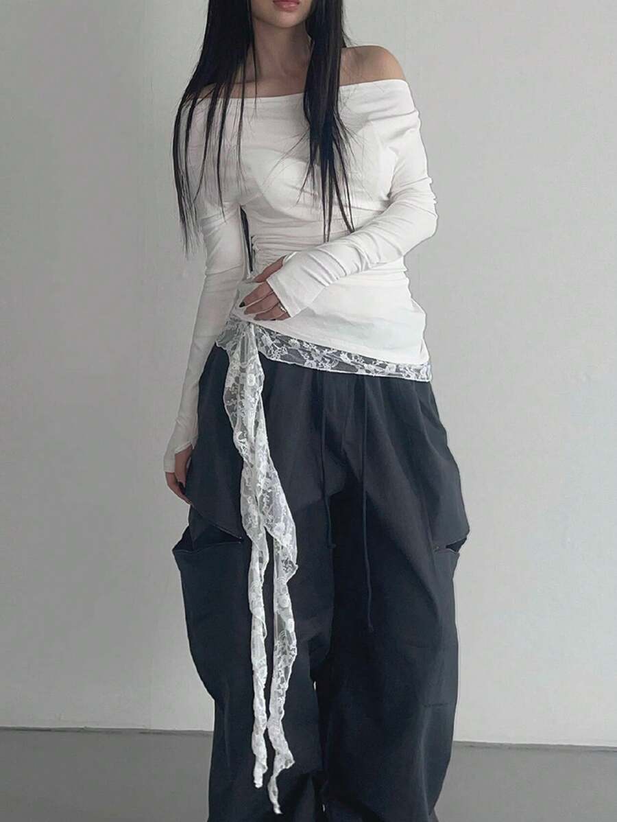 DAZY 女式圆领撞色蕾丝领带长袖白色 T 恤，春夏 - 白色 - 查看 1