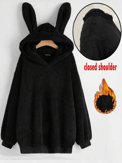 هودي طويل الأكمام بأذن أرنب من الفليس المرجاني الناعم، مقاس كبير الحجم