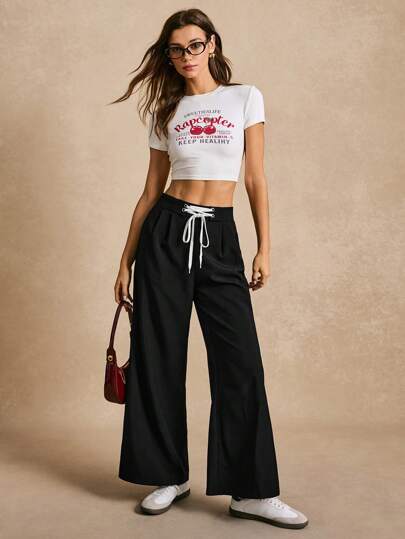 Poéselle Women Front Tie Simple Casual Long Pants, For Everyday Wear,Effortless Chic Essential