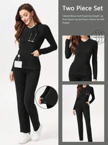 TaskEZ 纯色 V 领长袖口袋简约上衣和裤子 手术服套装 针织手术服套装 护士连衣裙 手术服上衣 手术服裤子 实验室外套 手术服外套 - 黑色 - 查看 1