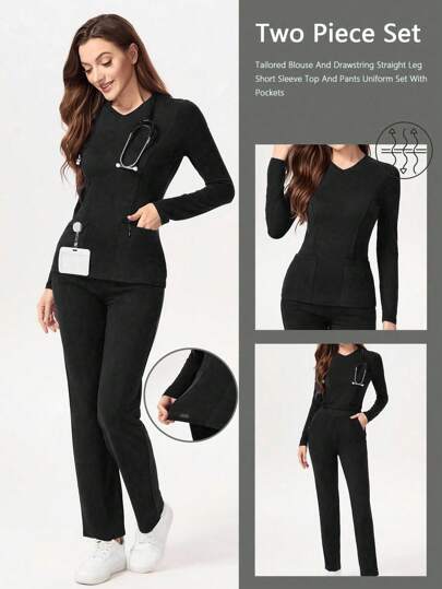 TaskEZ Solid Color V-Neck Long Sleeve Pocket Minimalist Top And Pants Scrub Uniform Set Knitted Scrub Set Nurse Dresses Scrub Tops Scrub Bottoms Lab Coats Scrub Outwear