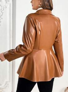 Flirla 大码优雅翻领长袖合身拉链棕色 PU 皮革女式夹克 - 鏽棕色 - 查看 2