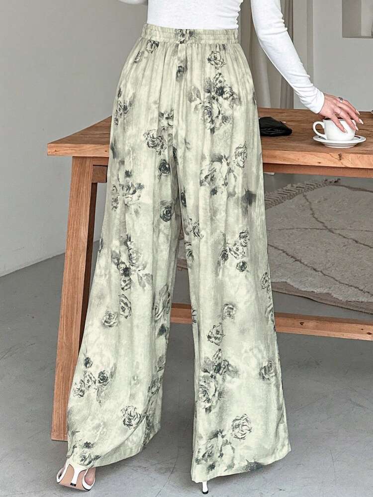 Allover Floral Print Elegant Women's Wide Leg Pants With Pockets, Summer,Teacher Pants