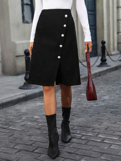 SHEIN Clasi 女士休闲纽扣 A 字裙，适合秋季日常穿着灯芯绒女装