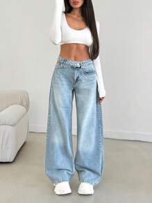 EURMUSE WOMEN WIDE LEG MID WAIST JEANS - Light Wash - View 3