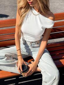 Siren Gaze Women Solid Color Asymmetric Shoulder Casual Blouse, For Everyday Wear Summer White