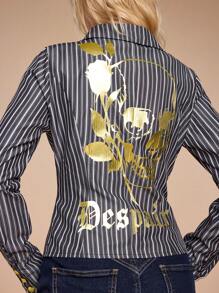 ROMWE Grunge Punk Y2K Harajuku Baddie Skeleton Slogan Foil Print Striped V-Neck Cinched Shirt - Black - View 2