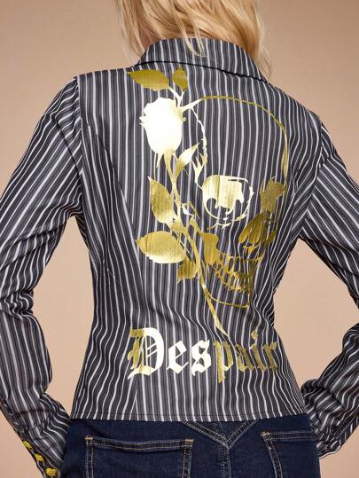 Grunge Punk Chemise cintrée à col V à imprimé de slogan de squelette en feuille d'impression Harajuku Baddie Y2K rayée