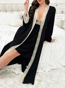 2pcs Set: Contrast Color Lace Deep V-Neck Jacquard Camisole Nightdress And Long Sleeve Robe - Black - View 2