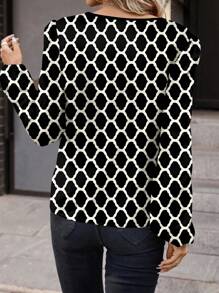 SHEIN Clasi Blusa de mujer con cuello de ojo de cerradura, manga farol y estampado geométrico