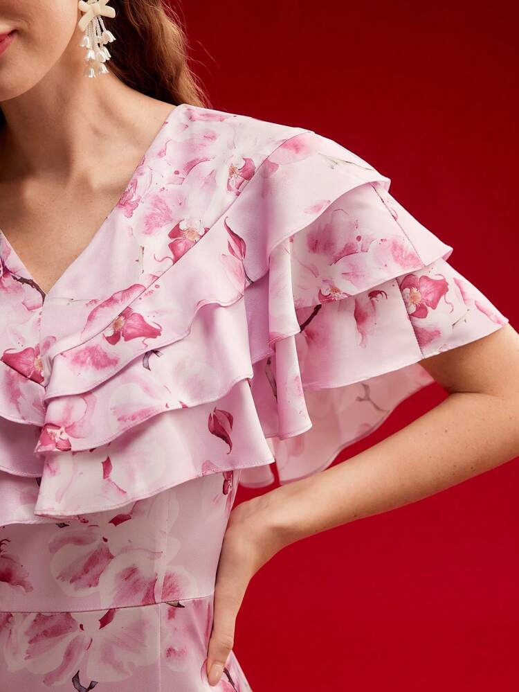 FLORAL PRINT RUFFLE TRIM FLOWY DRESS,VALENTINE'S DAY OUTFIT,SPRING/SUMMER