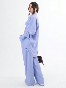 TypaGal 蕾丝边纽扣细节条纹阔腿裤 - 藍色 - 查看 2