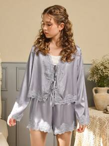 SHEIN 2Pcs/Set Teen Girls Sweet Solid Purple Cardigan Long Sleeve Top And Loose Shorts Homewear Set - Dusty Purple - View 1