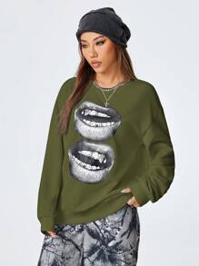 SHEIN EZwear 女式 Y2K 街头休闲图案宽松套头衫 - 軍綠色 - 查看 4