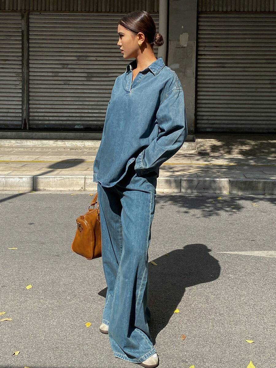 Livesso Women's Denim Drop Shoulder Long Sleeve Shirt And Pants Set,Fall Clothes - Medium Wash - View 1