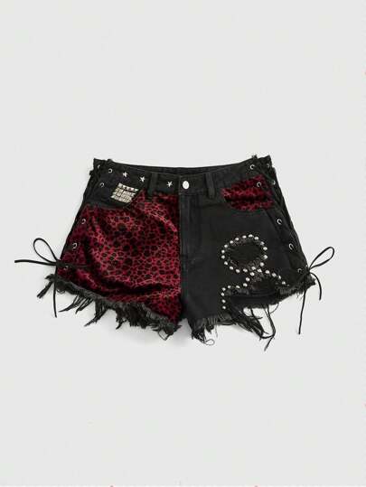 Grunge Punk Spring Break Concert, Women's Rave Festival Clothing, Leopard Animal Print Sexy Street Style Patchwork Studded Distressed Denim Shorts