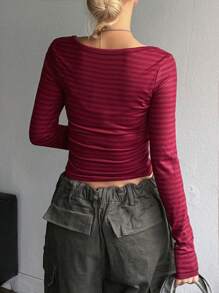 DAZY Áo thun nữ tay dài ôm vừa vặn, kẻ sọc, dáng ôm, thường ngày, áo crop top, quần áo mùa thu, áo phông kiểu học sinh - Đỏ - Xem 4