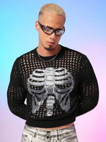 FeverCity Suéter de cuello crew transparente con estampado de esqueleto para hombre