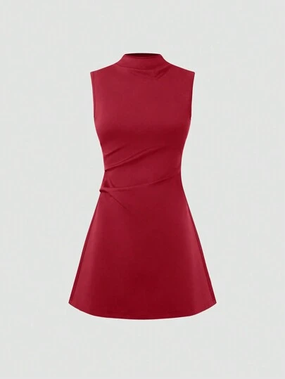 Sweetra Women High Collar Cinched Waist A-Line Dress, Fashion Versatile Office Wear Burgundy Color Women Outfit