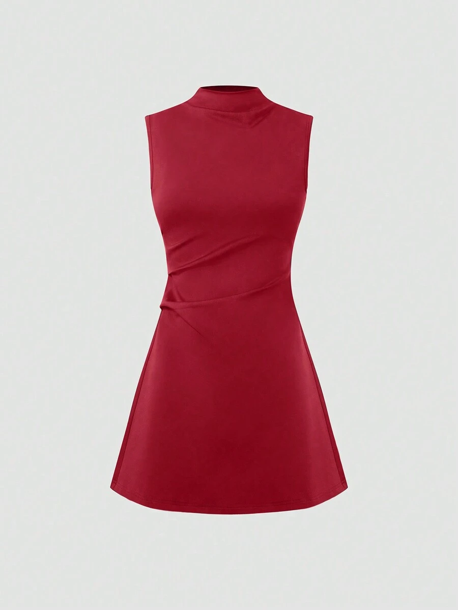 Sweetra 女士高领收腰 A 字形连衣裙，时尚百搭办公室服装酒红色女装 - 酒紅色 - 查看 1