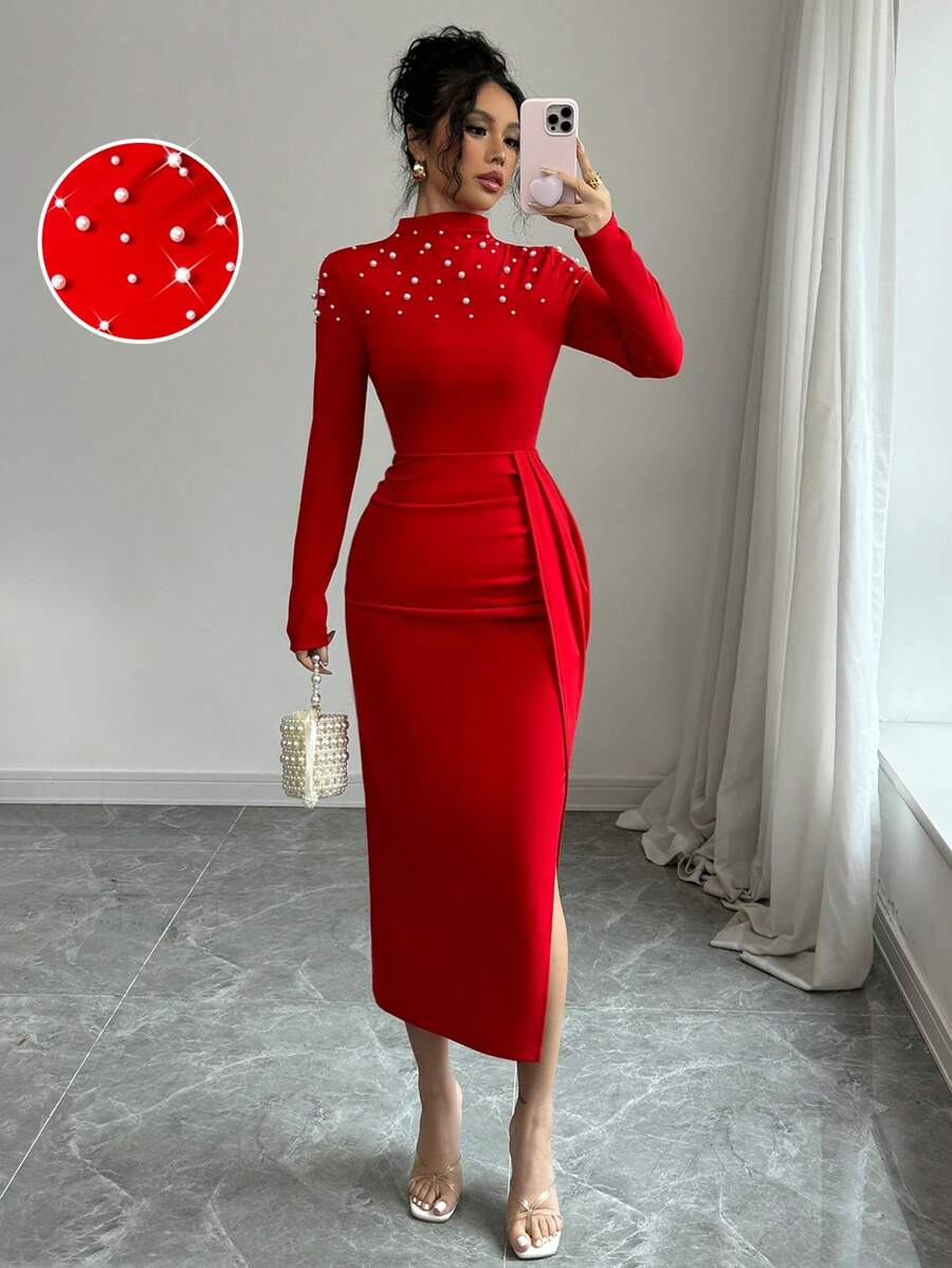 Elenzga Handgefertigtes gerafftes Seidenkleid mit gespaltenen Saum für Frauen