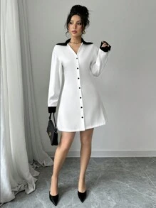 SHEIN Essnce 春夏女士衬衫裙通勤撞色A字下摆迷你短裙白色百搭连衣裙度假装女士 - 白色 - 查看 5