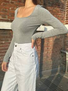 SHEIN EZwear Grey Knitted Bodycon Bodysuit, Women Casual Long Sleeve Round Neck