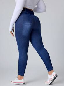 Flexra Plus Size Plain Color Block Casual Stretchy Knit Jeans Apple Bottom Jeans - Blue - View 2