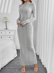 SHEIN LUNE Grey High Neck Back High Slit Quilted Fitted Bodycon Midi Dress,Casual Everyday Autumn Elegant Commute Warm Undershirt Dress For Women - Grey - View 6