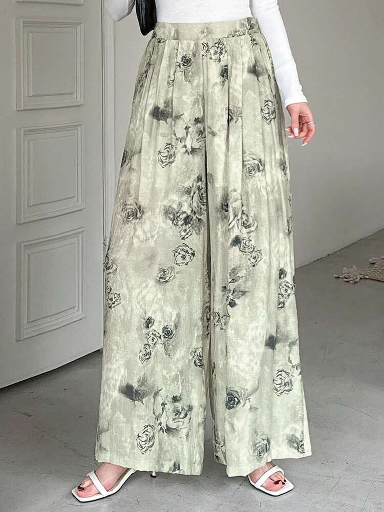Allover Floral Print Elegant Women's Wide Leg Pants With Pockets, Summer,Teacher Pants