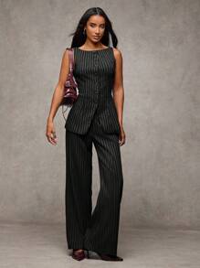 SHEIN BAE Women's Simple Striped Button Front Sleeveless Pajama Set With Long Pants - Black - View 1